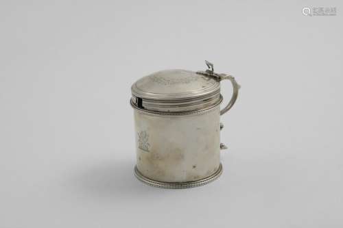 A GEORGE III CYLINDRICAL MUSTARD POT with bead and reeded bo...