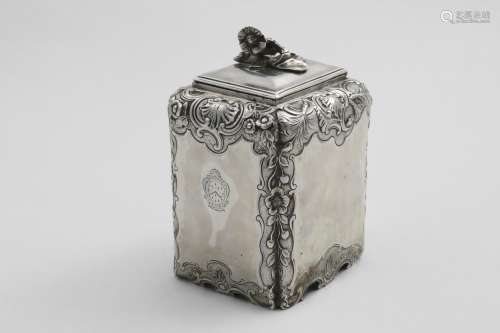 A GEORGE II TEA CADDY rectangular with panelled sides, incur...