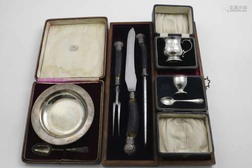 FOUR CASED SETS:- A George V Christening bowl & spoon, initi...