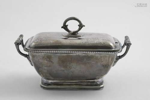 A GEORGE III SAUCE TUREEN AND COVER rectangular with a gadro...