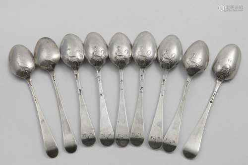 A SET OF GEORGE III PICTURE-BACK TEA SPOONS with a hen & chi...