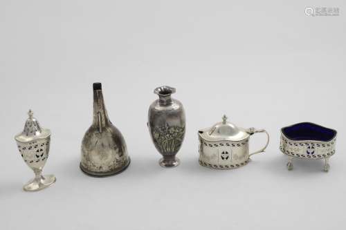 A GEORGE VI THREE-PIECE CONDIMENT SET with pierced and engra...