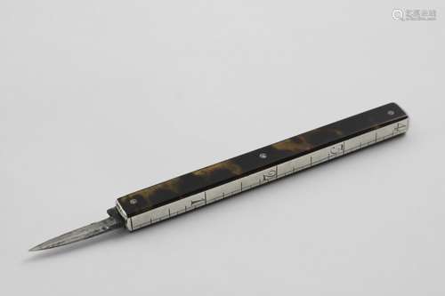 A MOUNTED TORTOISESHELL DOUBLE ENDED PEN KNIFE with slide-ou...