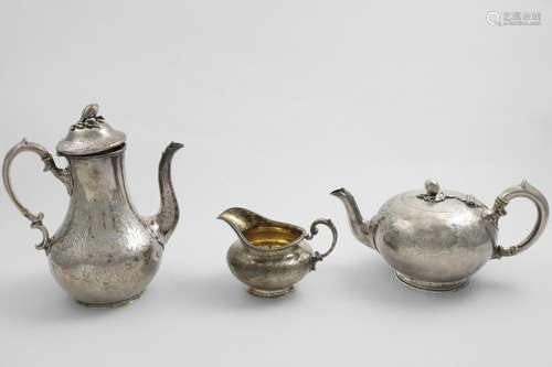 A VICTORIAN ENGRAVED CIRCULAR TEA POT & MATCHING CREAM JUG w...