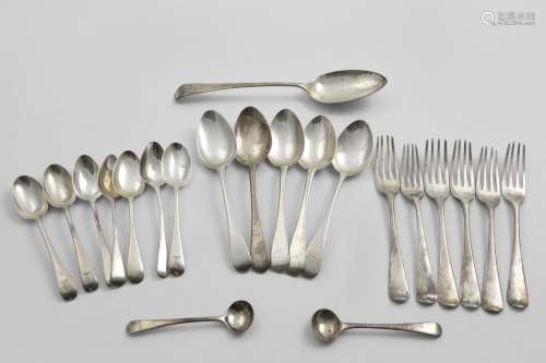 A MIXED LOT OF OLD ENGLISH PATTERN FLATWARE:- Six George III...