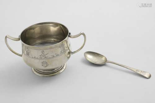 A GEORGE V CHRISTENING BOWL AND MATCHING SPOON engraved with...