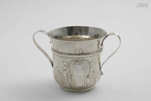 A GEORGE III TWO-HANDLED CUP OR PORRINGER with reeded scroll...