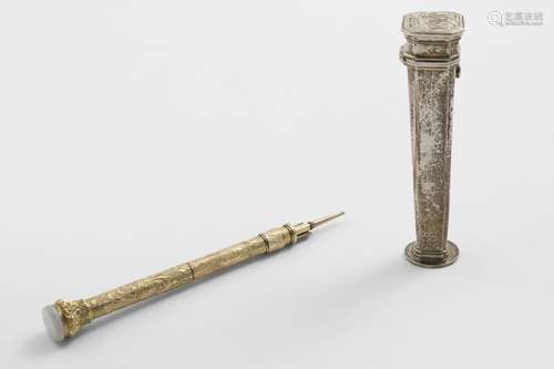 A VICTORIAN GOLD-CASED DIP-PEN AND PENCIL with engraved and ...