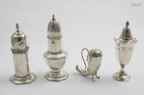 FOUR SUGAR CASTERS:- An octagonal, vase-shaped example by E....