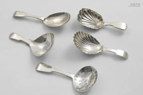 FIVE VARIOUS ANTIQUE FIDDLE PATTERN CADDY SPOONS# (none with...