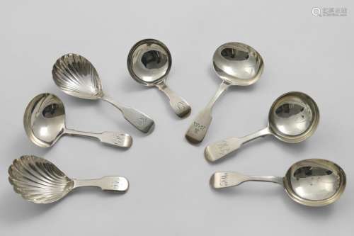 SEVEN VARIOUS ANTIQUE FIDDLE PATTERN CADDY SPOONS all with i...