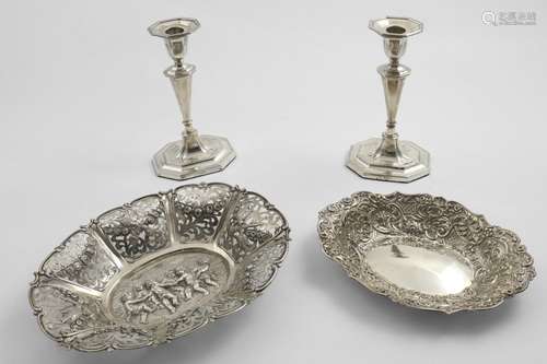 A MIXED LOT:- A pair of late Victorian candlesticks on cante...