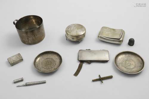A MIXED LOT:- Two small Chinese coin-inset dishes, a tobacco...
