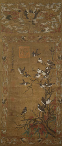 Song Dynasty - Song Huizong Sparrow Hanging Scroll on Silk