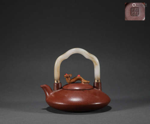 Qing Dynasty - Purple Clay Jade Handle Pot