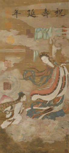 Ming Dynasty - Qiu Ying Longevity Hanging Scroll on Silk