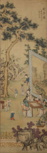 Ming Dynasty - Qiu Ying Playing Chess on Silk Hanging Scroll