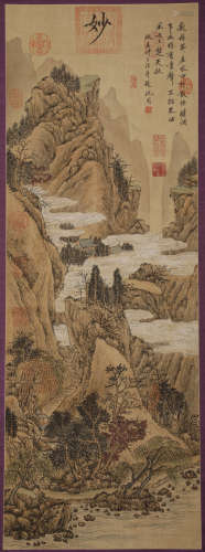 Ming Dynasty - Shen Zhou, Green Landscape, Hanging Scroll on...
