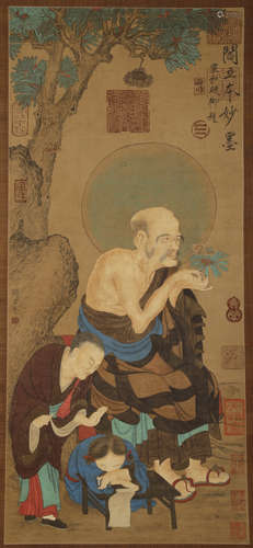 Tang Dynasty - Yan Liben Arhat picture Hanging Scroll on Sil...