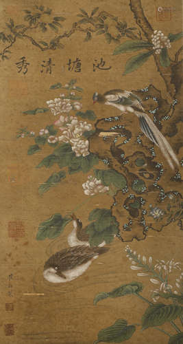 Song Dynasty - Cui Bai Pond Silk Hanging Scroll