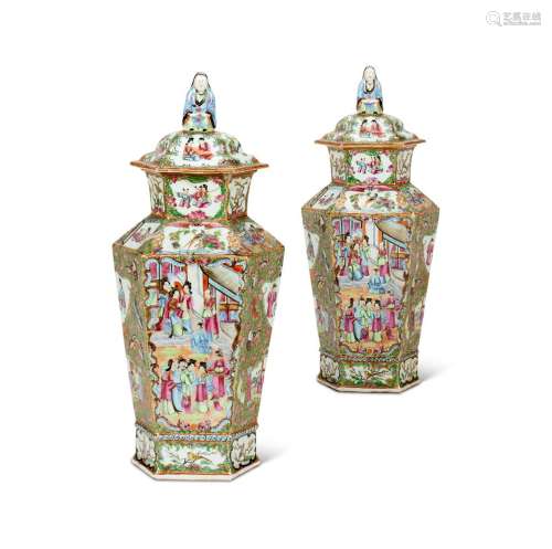 A PAIR OF CHINESE CANTON FAMILLE-ROSE TAPERING HEXAGONAL SEC...