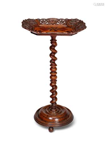 Y A DUTCH WALNUT AND INLAID LAYETTE TRAY ON STAND, DATED 175...
