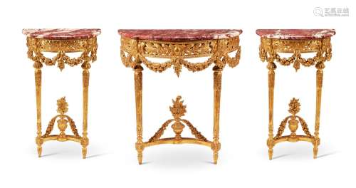 A SUITE OF THREE FRENCH GILTWOOD CONSOLE TABLES
