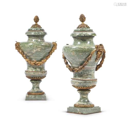 A PAIR OF FRENCH GREEN MARBLE AND ORMOLU MOUNTED BALUSTER SH...