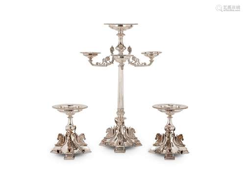 A VICTORIAN SILVER THREE BRANCH EPERGNE OR CENTREPIECE BY HO...