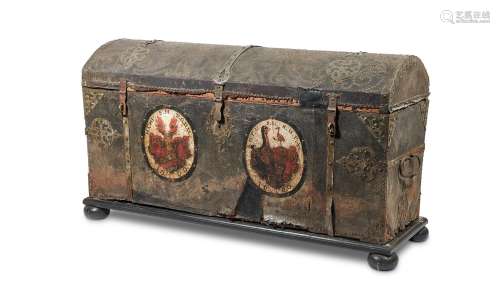 A PAIR OF GERMAN IRON MOUNTED LEATHER CHESTS, LATE 17TH CENT...