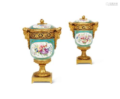 A PAIR OF ORMOLU MOUNTED SÈVRES STYLE POT-POURRI VASES AND C...