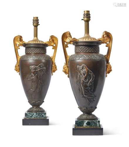 A PAIR OF PATINATED AND GILT BRONZE VASE LAMPS, CIRCA 1880