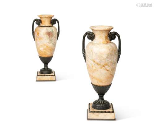 A PAIR OF FRENCH BRONZE MOUNTED MARBLE VASES, LATE 19TH CENT...
