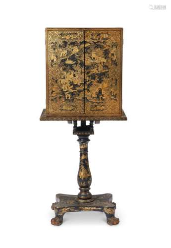 A CHINESE BLACK AND GILT EXPORT LACQUER CABINET ON STAND