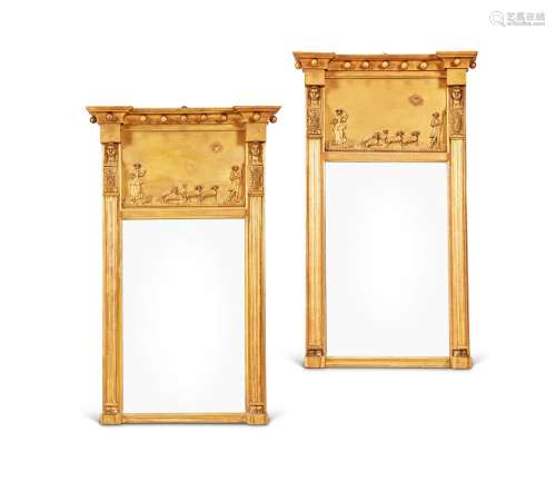 A PAIR OF REGENCY STYLE GILT PAINTED SMALL PIER MIRRORS