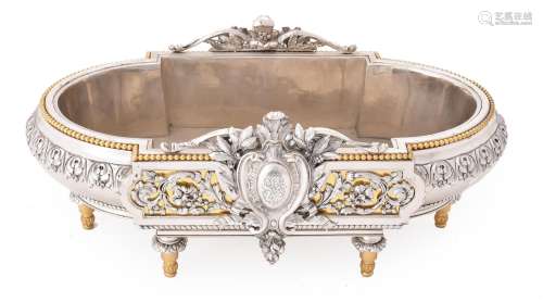 A SILVERED BRONZE AND PARCEL GILT OVAL TABLE CENTREPIECE, 19...