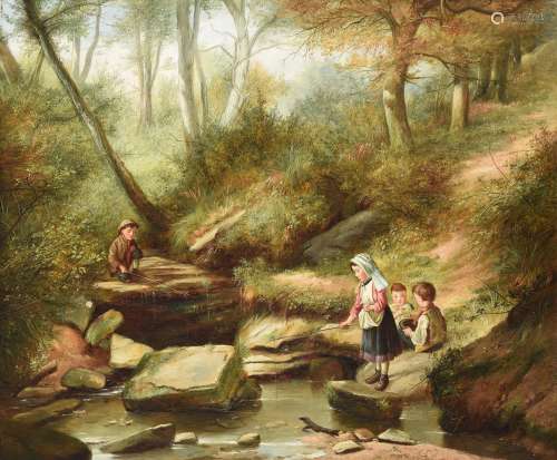 CHARLES HUNT (BRITISH 1829-1900), CHILDREN BY A STREAM