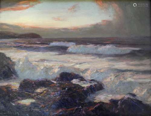 JULIUS OLSSON, RA (1864-1942) SURF AT SUNSET Signed, oil on ...