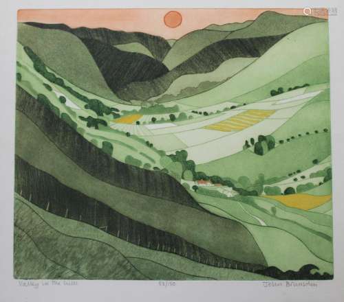 •JOHN BRUNSDON (1933-2014) VALLEY IN THE HILLS Colour etchin...