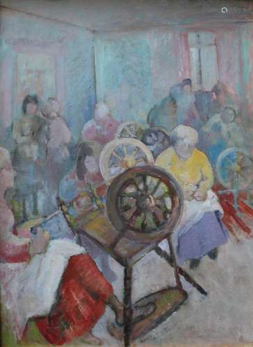 •MARJORIE HEATHER (1904-1989) VILLAGE SPINNERS Oil on board ...