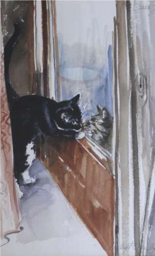 •LESLEY FOTHERBY (b.1946) LOCKED OUT; THREE KITTENS TUSSLING...