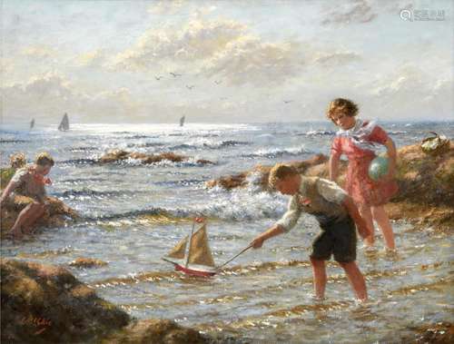 •JOHN McGHIE (1867-1952) SAILING THE TOY BOAT Signed, oil on...