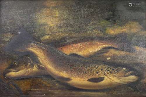 THOMAS G. TARGETT (Fl.c.1866-1896) A PAIR OF TROUT ON A RIVE...