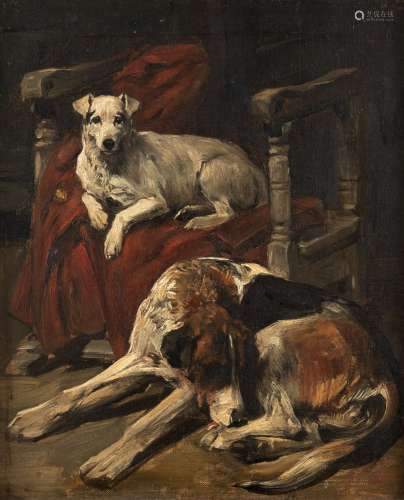 JOHN EMMS (1844-1912) THE HUNTSMAN'S DOGS Oil on canvas 30 x...