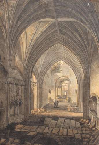 THOMAS HEARNE (1744-1817) TWO FIGURES IN THE NAVE OF A RUINE...