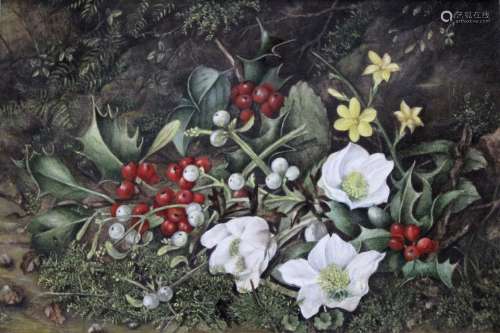 JANE TAYLOR (Fl.c.1872-1874) HOLLY AND CHRISTMAS ROSES Signe...