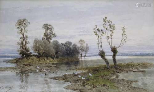EUGENE CICERI (1813-1890) FLOODED RIVER LANDSCAPE SCENE WITH...