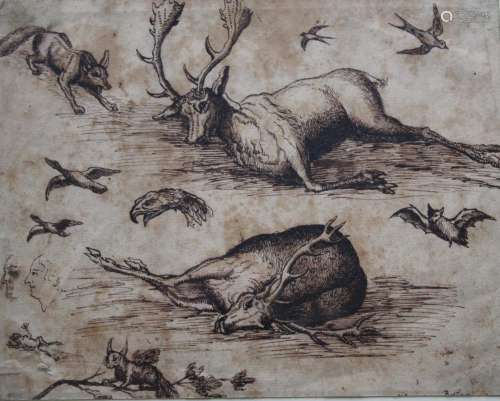 ATTRIBUTED TO FRANCIS BARLOW (1624-1704) STUDIES OF STAGS, A...
