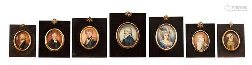 Seven 19th century portrait miniatures in ebonised frames