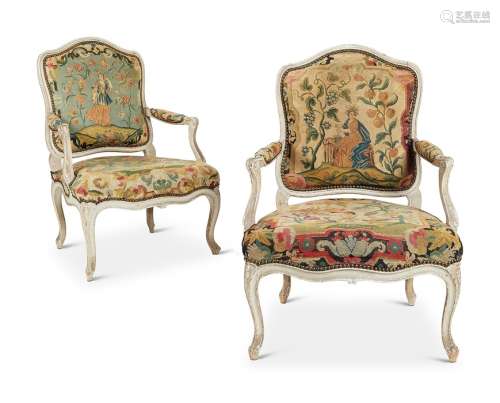 A pair of Louis XV grey painted fauteuils à la reine by Loui...